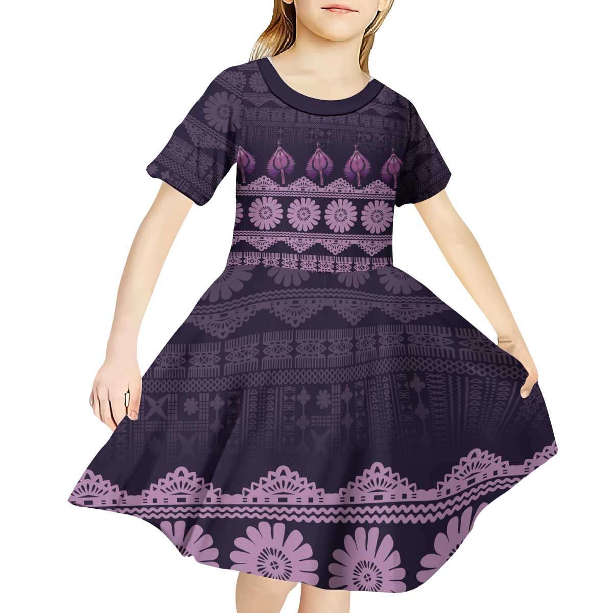 Bula Fiji Iri ni Meke Kid Short Sleeve Dress Lokaloka Fijian Masi LT14 - Polynesian Pride