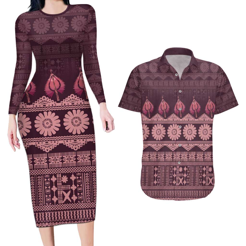 Bula Fiji Iri ni Meke Couples Matching Long Sleeve Bodycon Dress and Hawaiian Shirt Piqi Fijian Masi LT14 Pink - Polynesian Pride