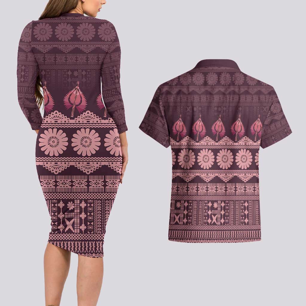 Bula Fiji Iri ni Meke Couples Matching Long Sleeve Bodycon Dress and Hawaiian Shirt Piqi Fijian Masi LT14 - Polynesian Pride