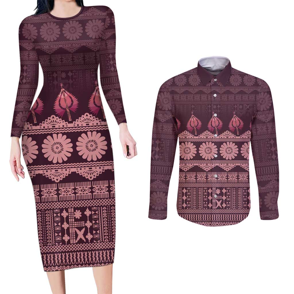 Bula Fiji Iri ni Meke Couples Matching Long Sleeve Bodycon Dress and Long Sleeve Button Shirt Piqi Fijian Masi LT14 Pink - Polynesian Pride
