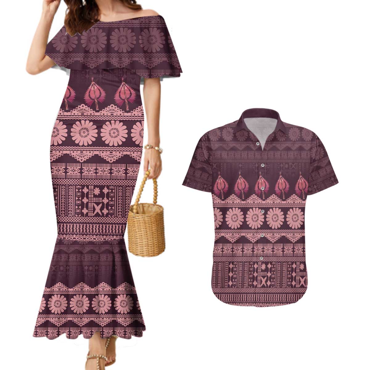 Bula Fiji Iri ni Meke Couples Matching Mermaid Dress and Hawaiian Shirt Piqi Fijian Masi LT14 Pink - Polynesian Pride