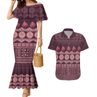 Bula Fiji Iri ni Meke Couples Matching Mermaid Dress and Hawaiian Shirt Piqi Fijian Masi LT14 Pink - Polynesian Pride
