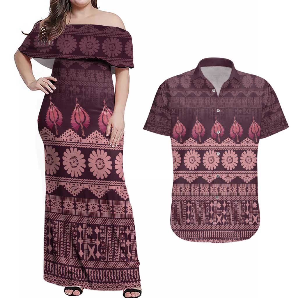 Bula Fiji Iri ni Meke Couples Matching Off Shoulder Maxi Dress and Hawaiian Shirt Piqi Fijian Masi LT14 Pink - Polynesian Pride