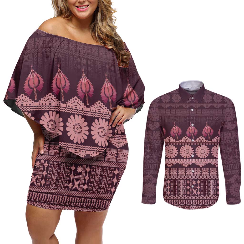Bula Fiji Iri ni Meke Couples Matching Off Shoulder Short Dress and Long Sleeve Button Shirt Piqi Fijian Masi LT14 Pink - Polynesian Pride