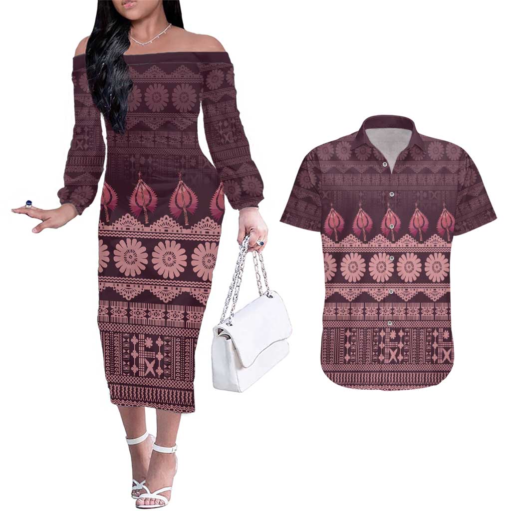 Bula Fiji Iri ni Meke Couples Matching Off The Shoulder Long Sleeve Dress and Hawaiian Shirt Piqi Fijian Masi LT14 Pink - Polynesian Pride