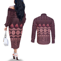 Bula Fiji Iri ni Meke Couples Matching Off The Shoulder Long Sleeve Dress and Long Sleeve Button Shirt Piqi Fijian Masi LT14 - Polynesian Pride