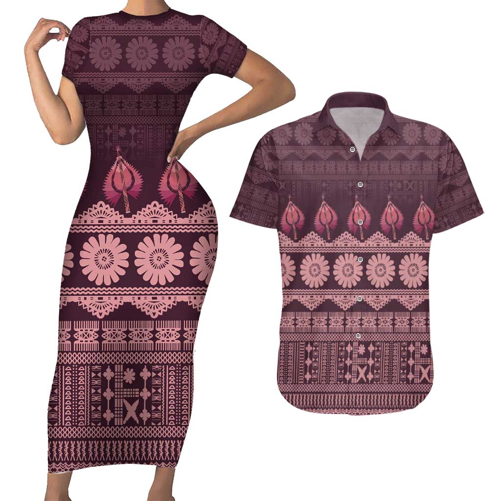 Bula Fiji Iri ni Meke Couples Matching Short Sleeve Bodycon Dress and Hawaiian Shirt Piqi Fijian Masi LT14 Pink - Polynesian Pride