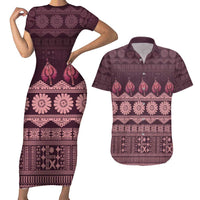 Bula Fiji Iri ni Meke Couples Matching Short Sleeve Bodycon Dress and Hawaiian Shirt Piqi Fijian Masi LT14 Pink - Polynesian Pride