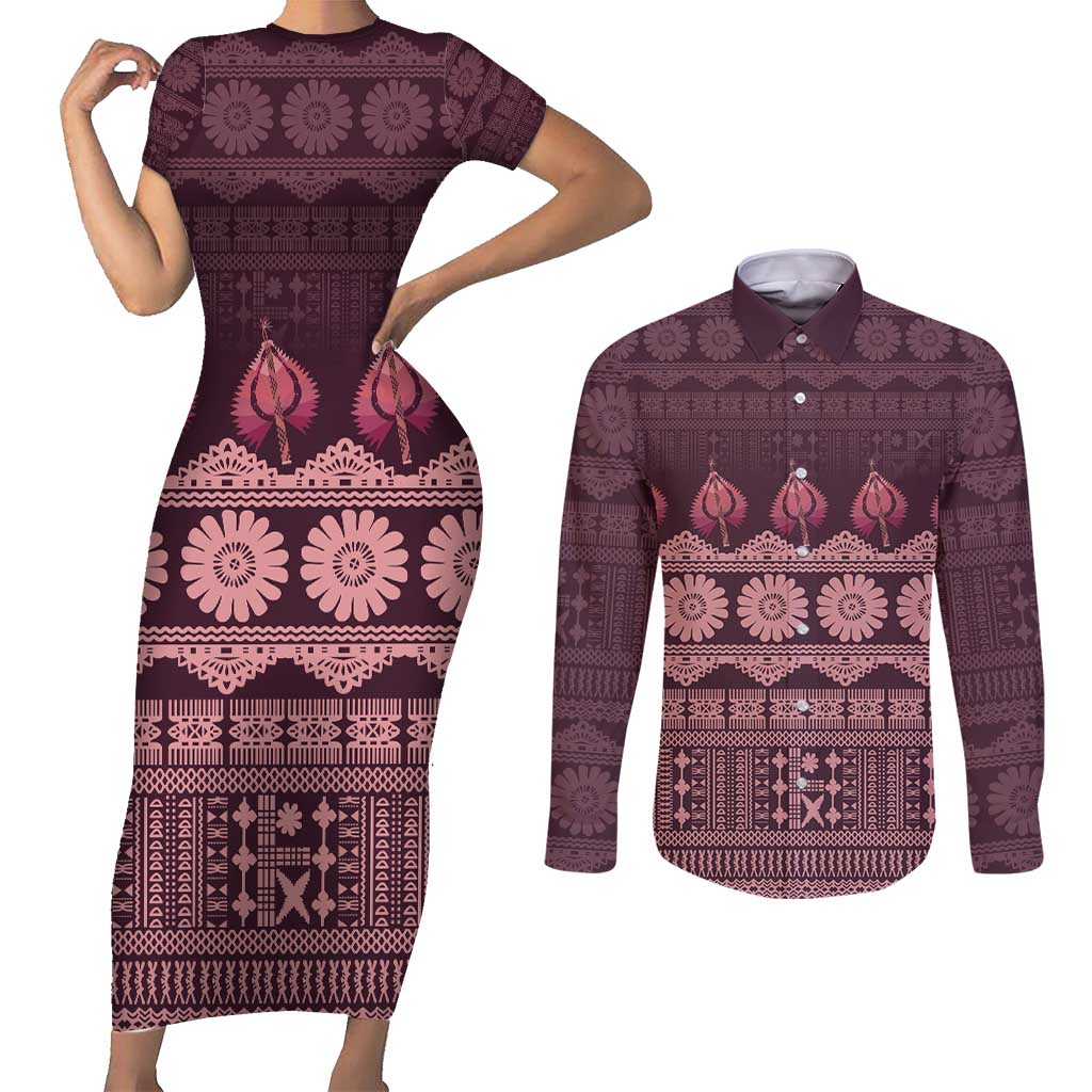 Bula Fiji Iri ni Meke Couples Matching Short Sleeve Bodycon Dress and Long Sleeve Button Shirt Piqi Fijian Masi LT14 Pink - Polynesian Pride