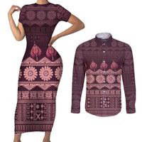 Bula Fiji Iri ni Meke Couples Matching Short Sleeve Bodycon Dress and Long Sleeve Button Shirt Piqi Fijian Masi LT14 Pink - Polynesian Pride