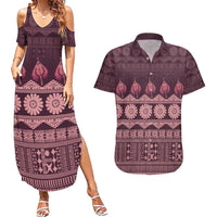 Bula Fiji Iri ni Meke Couples Matching Summer Maxi Dress and Hawaiian Shirt Piqi Fijian Masi LT14 Pink - Polynesian Pride