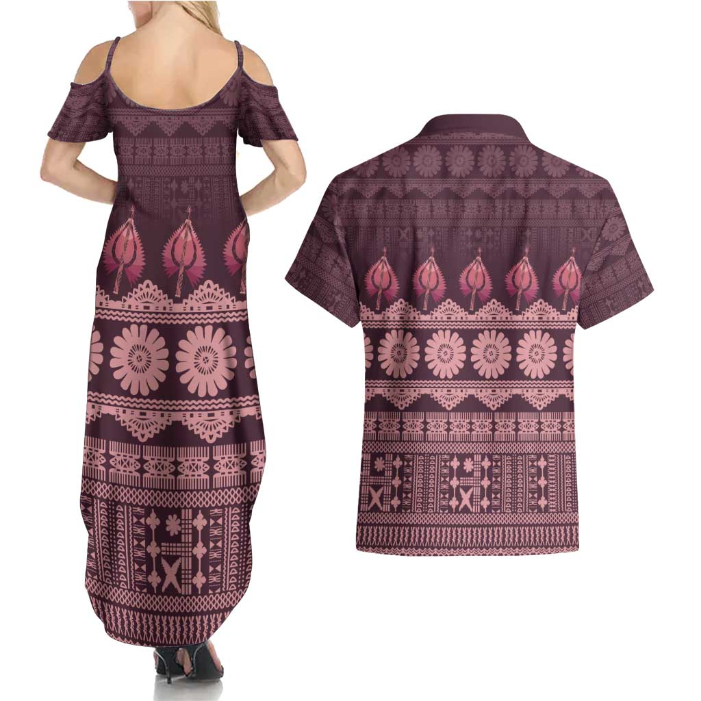 Bula Fiji Iri ni Meke Couples Matching Summer Maxi Dress and Hawaiian Shirt Piqi Fijian Masi LT14 - Polynesian Pride