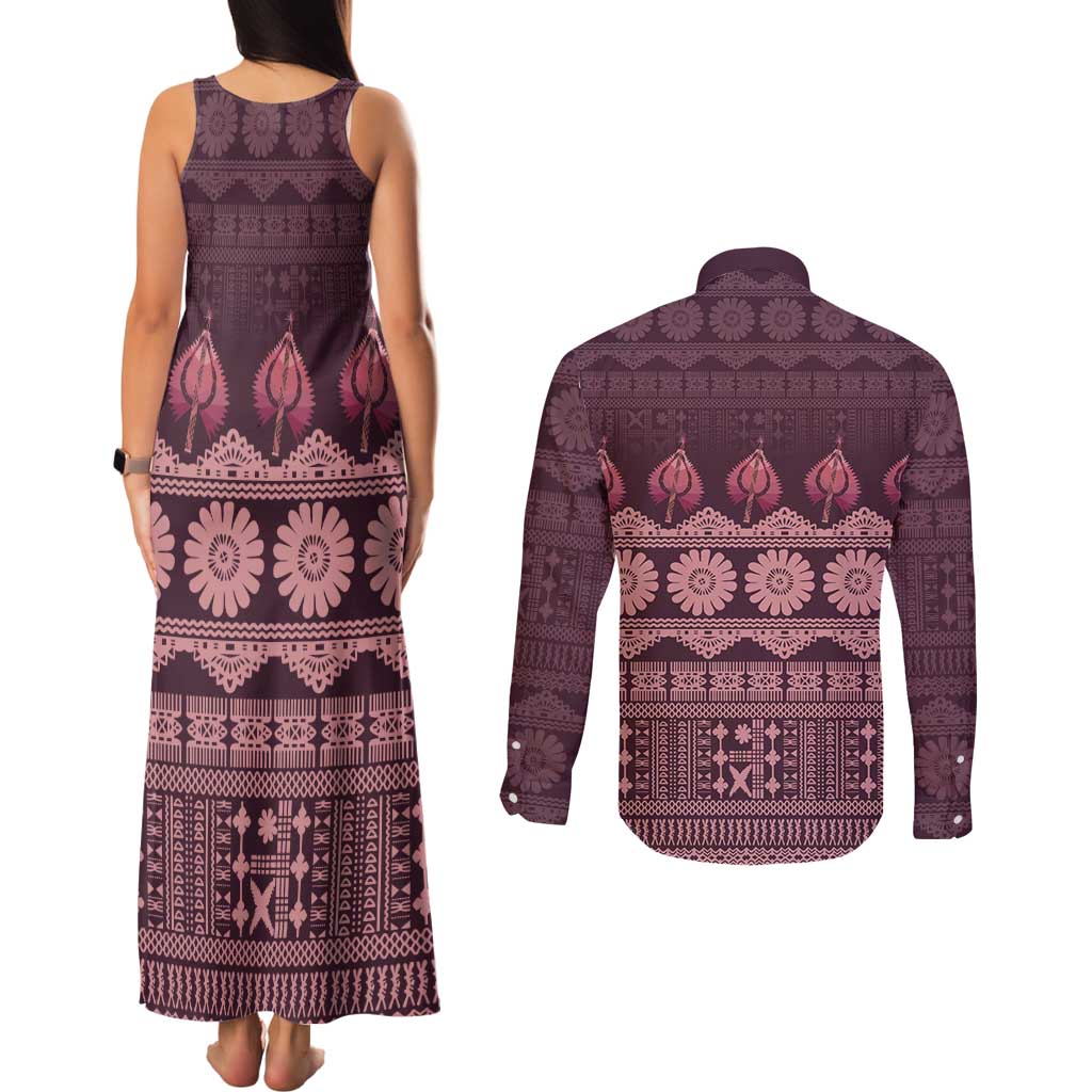 Bula Fiji Iri ni Meke Couples Matching Tank Maxi Dress and Long Sleeve Button Shirt Piqi Fijian Masi LT14 - Polynesian Pride