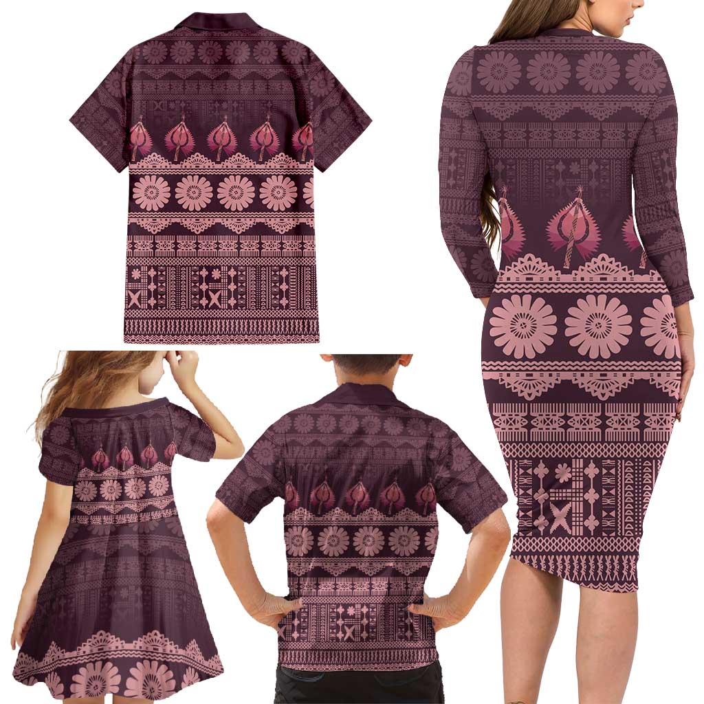 Bula Fiji Iri ni Meke Family Matching Long Sleeve Bodycon Dress and Hawaiian Shirt Piqi Fijian Masi LT14 - Polynesian Pride