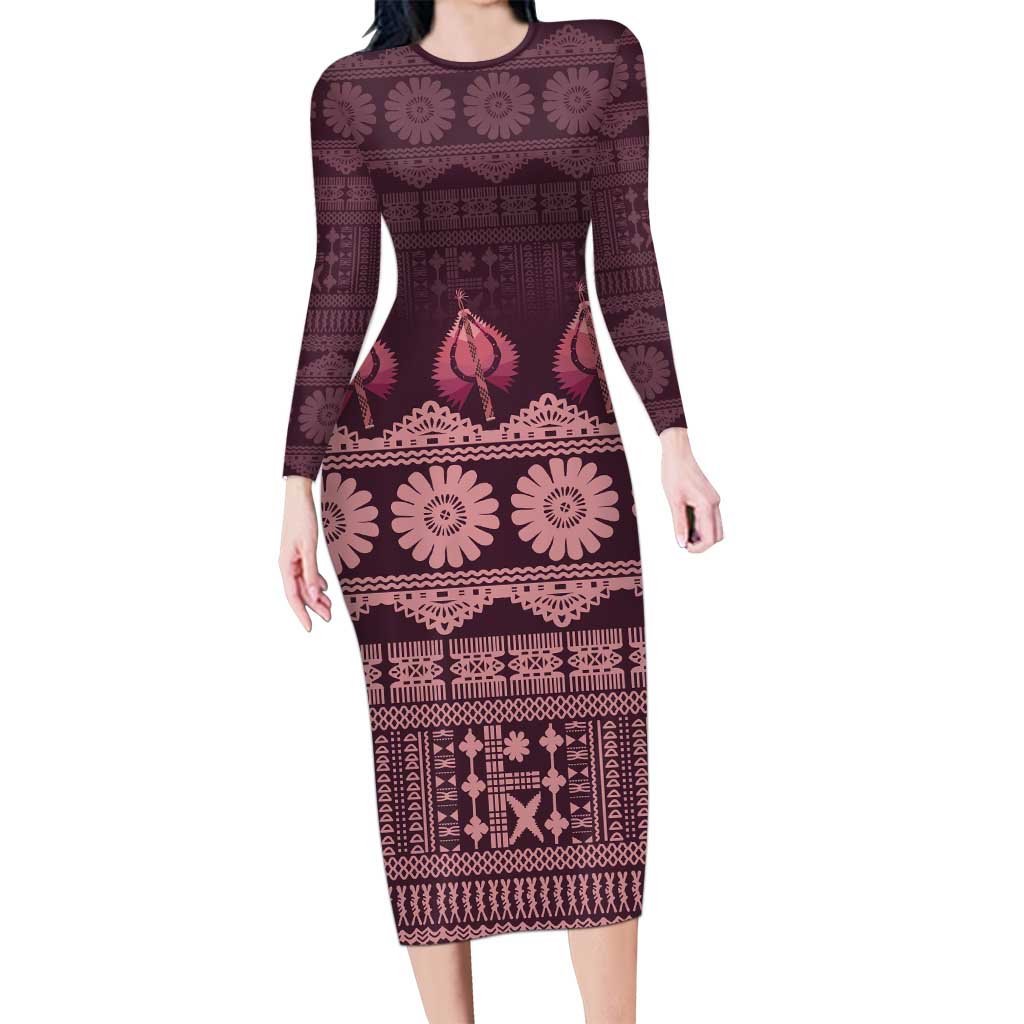 Bula Fiji Iri ni Meke Family Matching Long Sleeve Bodycon Dress and Hawaiian Shirt Piqi Fijian Masi LT14 Mom's Dress Pink - Polynesian Pride