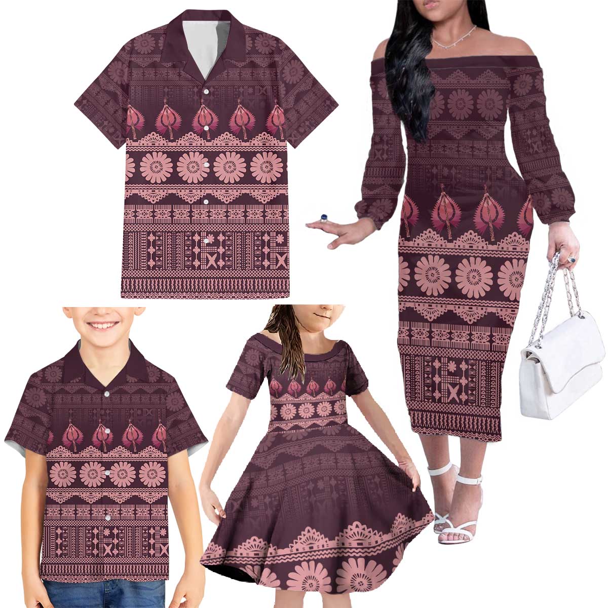 Bula Fiji Iri ni Meke Family Matching Off The Shoulder Long Sleeve Dress and Hawaiian Shirt Piqi Fijian Masi LT14 - Polynesian Pride