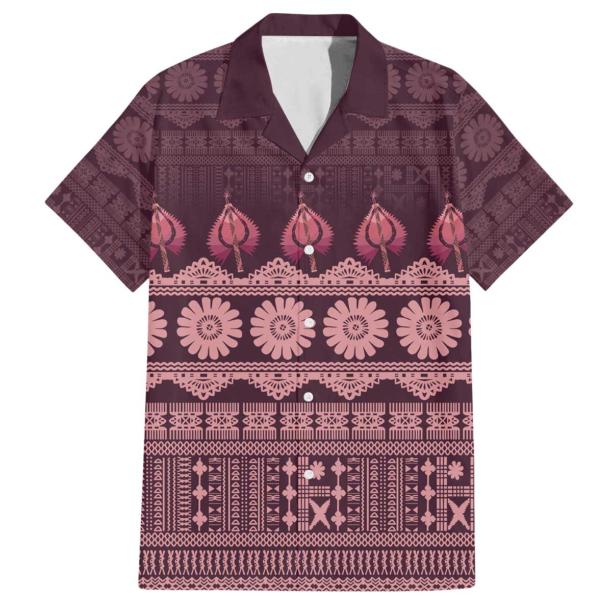 Bula Fiji Iri ni Meke Family Matching Off The Shoulder Long Sleeve Dress and Hawaiian Shirt Piqi Fijian Masi LT14 Dad's Shirt - Short Sleeve Pink - Polynesian Pride