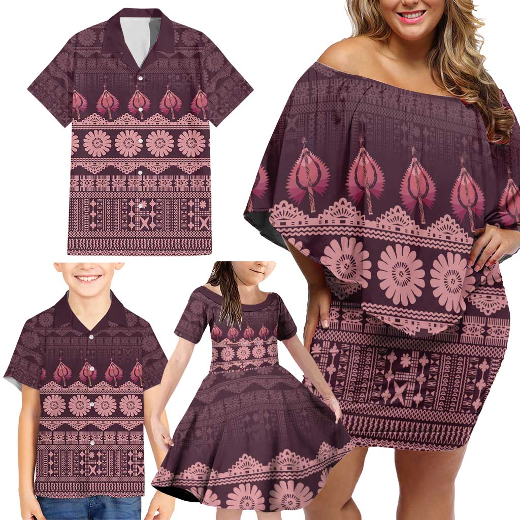 Bula Fiji Iri ni Meke Family Matching Off Shoulder Short Dress and Hawaiian Shirt Piqi Fijian Masi LT14 - Polynesian Pride