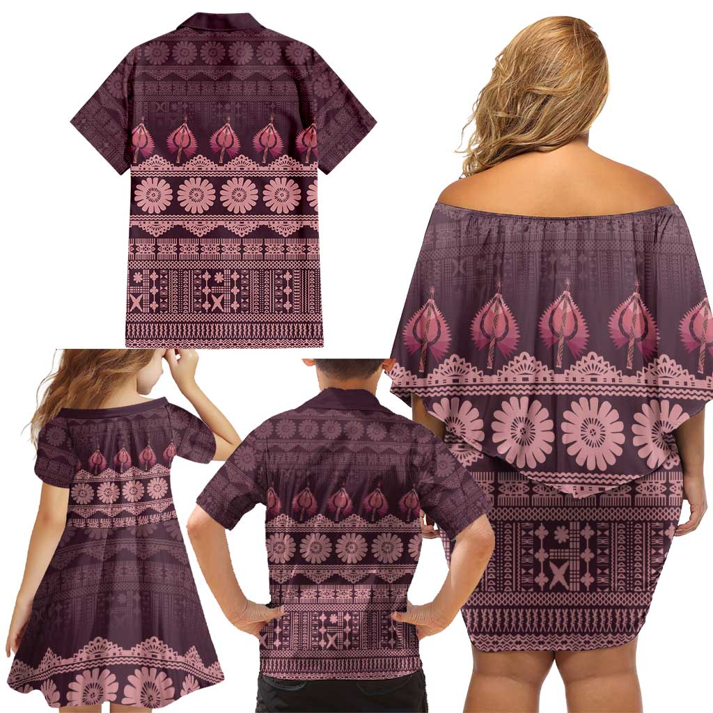 Bula Fiji Iri ni Meke Family Matching Off Shoulder Short Dress and Hawaiian Shirt Piqi Fijian Masi LT14 - Polynesian Pride