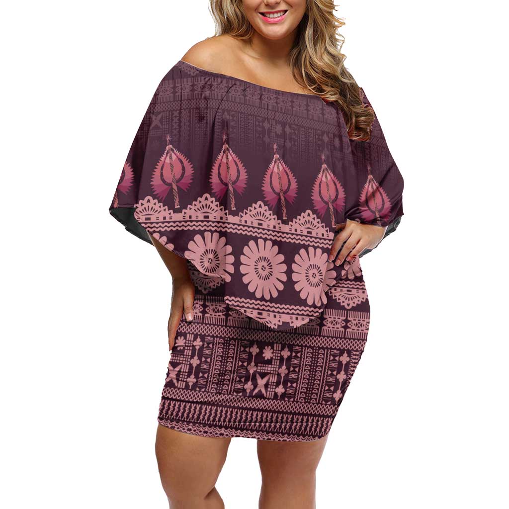 Bula Fiji Iri ni Meke Family Matching Off Shoulder Short Dress and Hawaiian Shirt Piqi Fijian Masi LT14 Mom's Dress Pink - Polynesian Pride