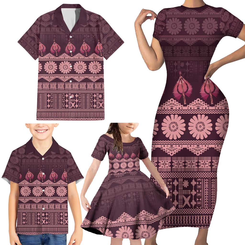Bula Fiji Iri ni Meke Family Matching Short Sleeve Bodycon Dress and Hawaiian Shirt Piqi Fijian Masi LT14 - Polynesian Pride