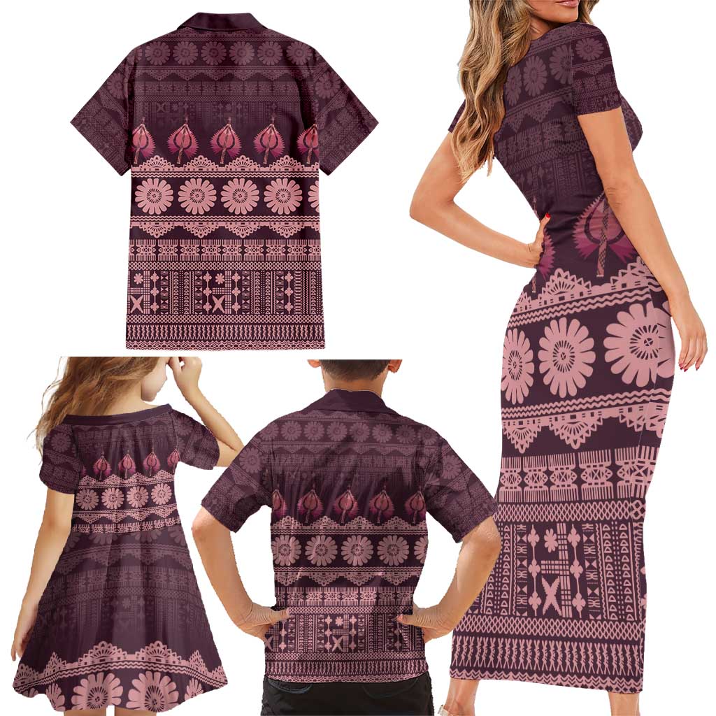 Bula Fiji Iri ni Meke Family Matching Short Sleeve Bodycon Dress and Hawaiian Shirt Piqi Fijian Masi LT14 - Polynesian Pride