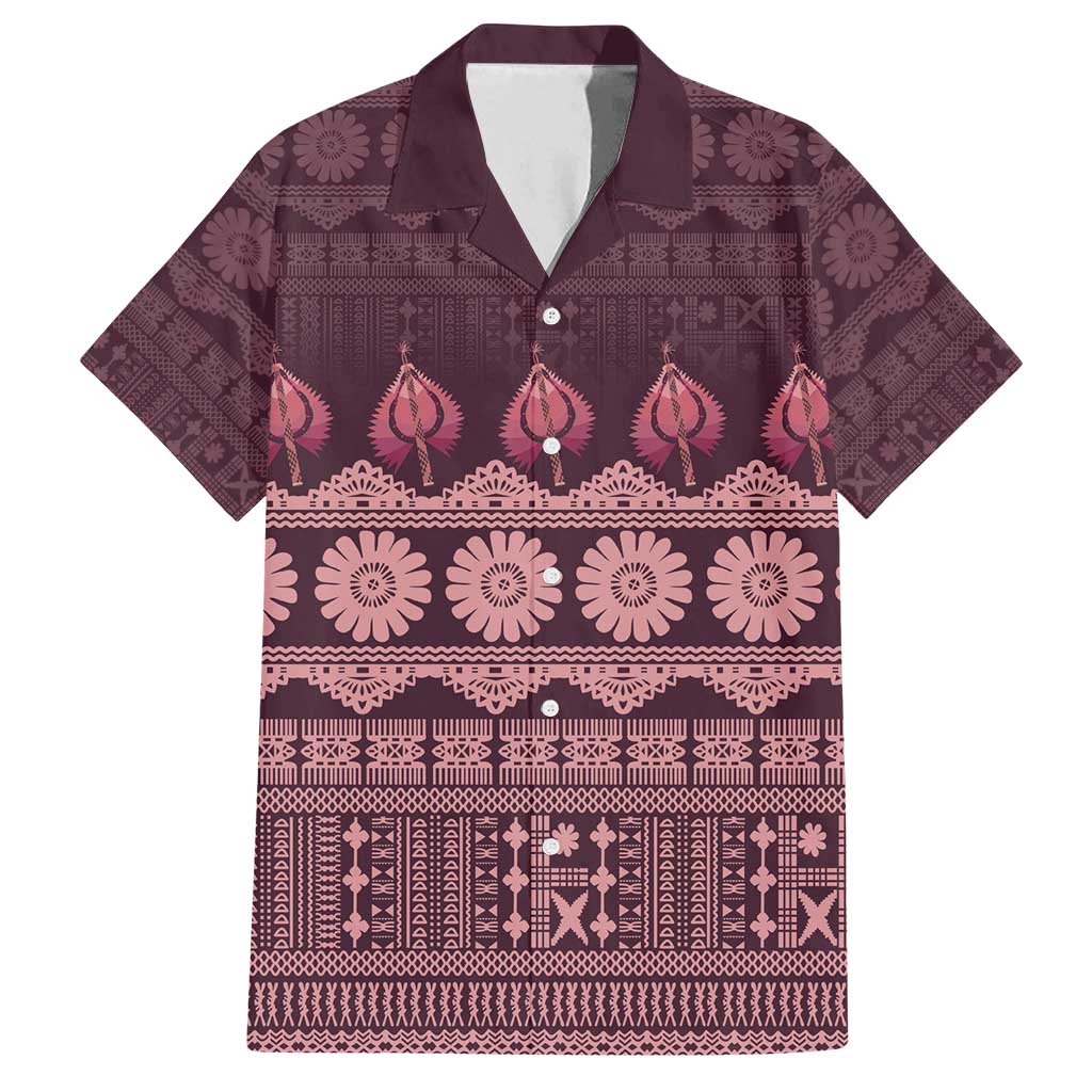 Bula Fiji Iri ni Meke Family Matching Summer Maxi Dress and Hawaiian Shirt Piqi Fijian Masi LT14 Dad's Shirt - Short Sleeve Pink - Polynesian Pride
