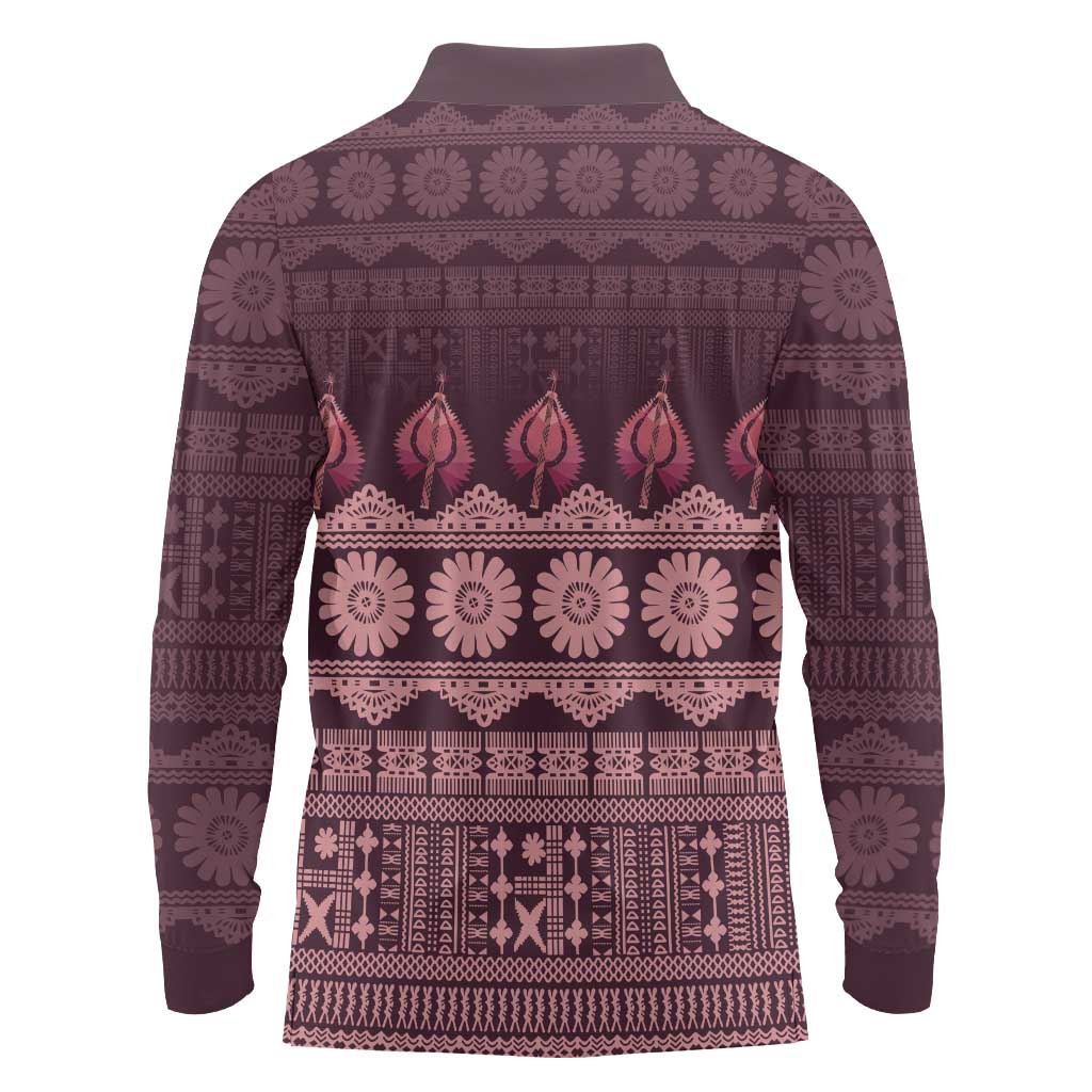 Bula Fiji Iri ni Meke Long Sleeve Polo Shirt Piqi Fijian Masi - Polynesian Pride