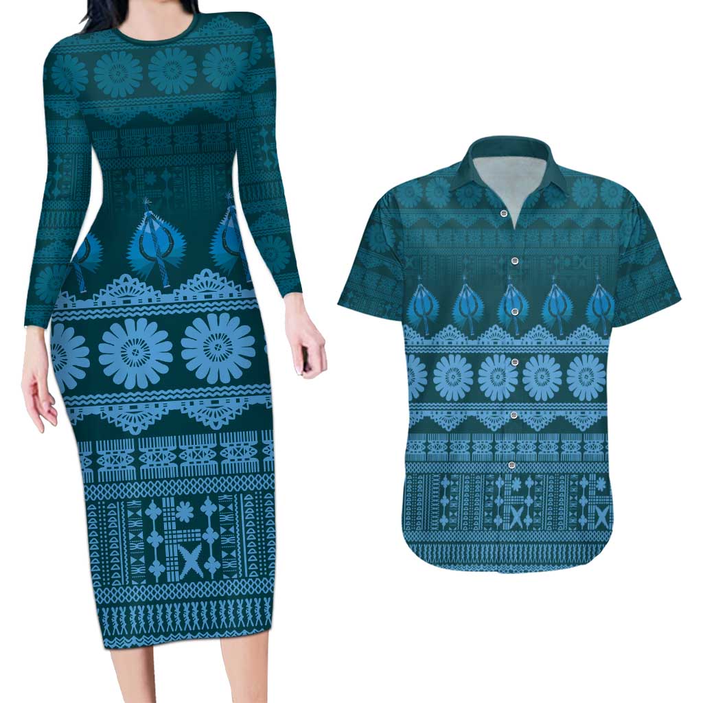 Bula Fiji Iri ni Meke Couples Matching Long Sleeve Bodycon Dress and Hawaiian Shirt Karakarawa Fijian Masi LT14 Blue - Polynesian Pride
