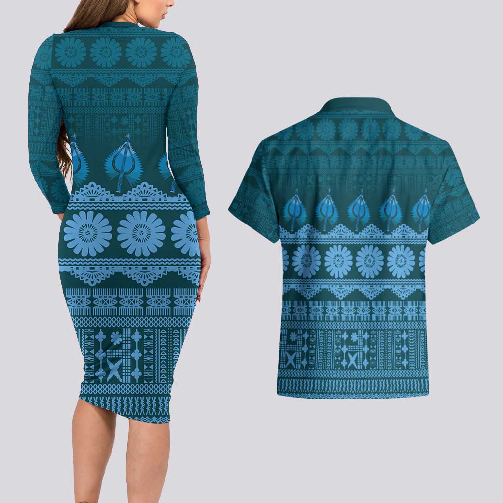 Bula Fiji Iri ni Meke Couples Matching Long Sleeve Bodycon Dress and Hawaiian Shirt Karakarawa Fijian Masi LT14 - Polynesian Pride
