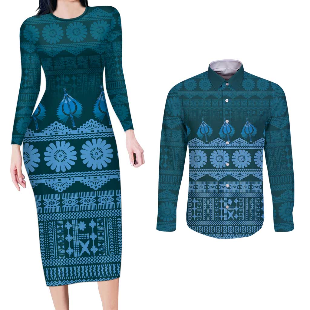 Bula Fiji Iri ni Meke Couples Matching Long Sleeve Bodycon Dress and Long Sleeve Button Shirt Karakarawa Fijian Masi LT14 Blue - Polynesian Pride
