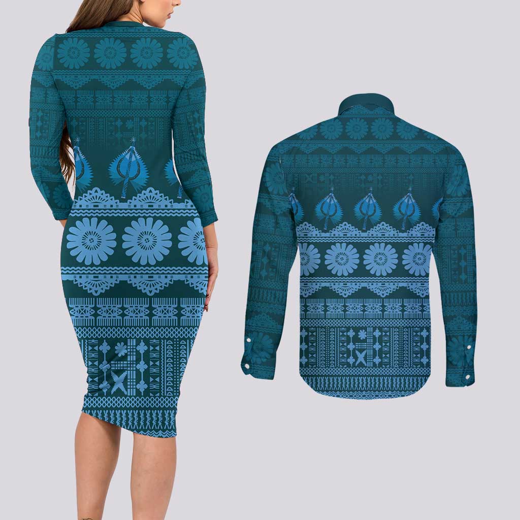 Bula Fiji Iri ni Meke Couples Matching Long Sleeve Bodycon Dress and Long Sleeve Button Shirt Karakarawa Fijian Masi LT14 - Polynesian Pride