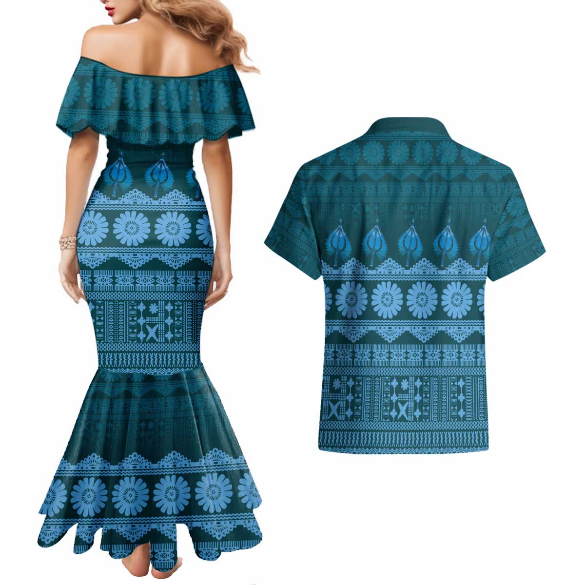 Bula Fiji Iri ni Meke Couples Matching Mermaid Dress and Hawaiian Shirt Karakarawa Fijian Masi LT14 - Polynesian Pride
