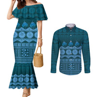 Bula Fiji Iri ni Meke Couples Matching Mermaid Dress and Long Sleeve Button Shirt Karakarawa Fijian Masi LT14 Blue - Polynesian Pride