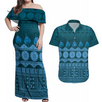 Bula Fiji Iri ni Meke Couples Matching Off Shoulder Maxi Dress and Hawaiian Shirt Karakarawa Fijian Masi LT14 Blue - Polynesian Pride