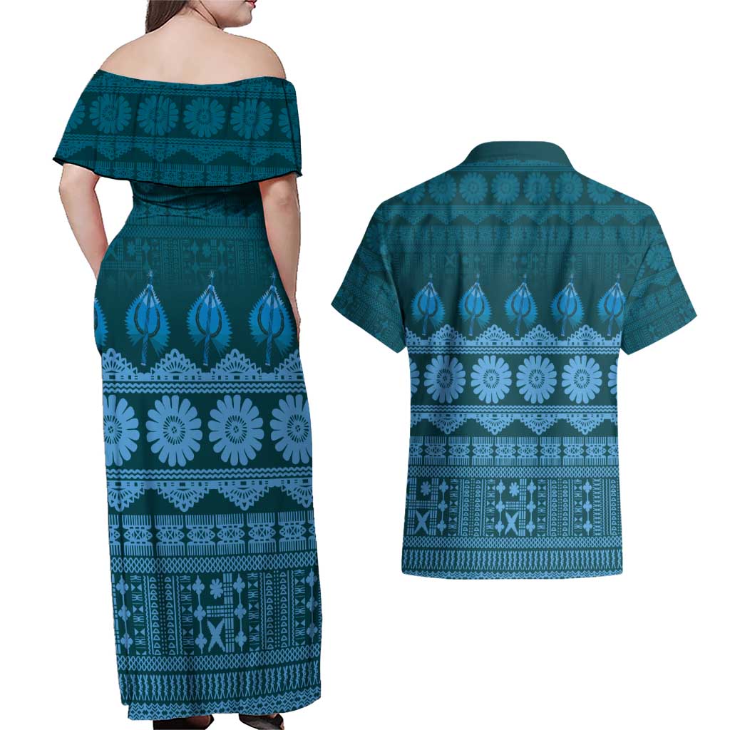 Bula Fiji Iri ni Meke Couples Matching Off Shoulder Maxi Dress and Hawaiian Shirt Karakarawa Fijian Masi LT14 - Polynesian Pride