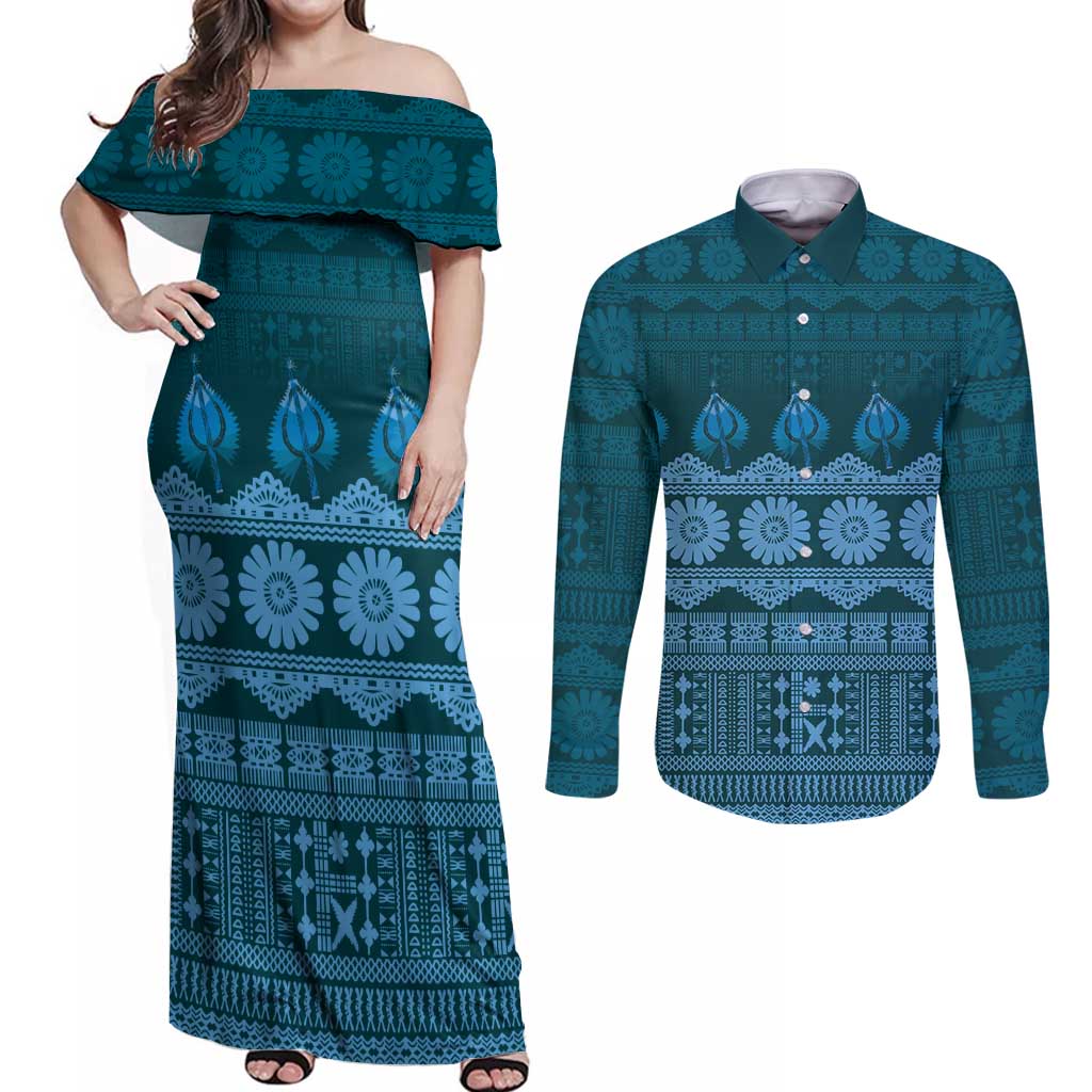 Bula Fiji Iri ni Meke Couples Matching Off Shoulder Maxi Dress and Long Sleeve Button Shirt Karakarawa Fijian Masi LT14 Blue - Polynesian Pride