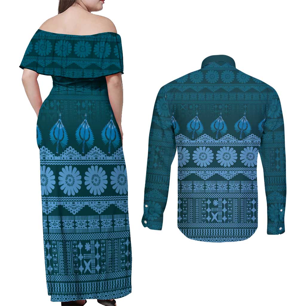 Bula Fiji Iri ni Meke Couples Matching Off Shoulder Maxi Dress and Long Sleeve Button Shirt Karakarawa Fijian Masi LT14 - Polynesian Pride