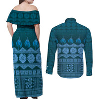 Bula Fiji Iri ni Meke Couples Matching Off Shoulder Maxi Dress and Long Sleeve Button Shirt Karakarawa Fijian Masi LT14 - Polynesian Pride