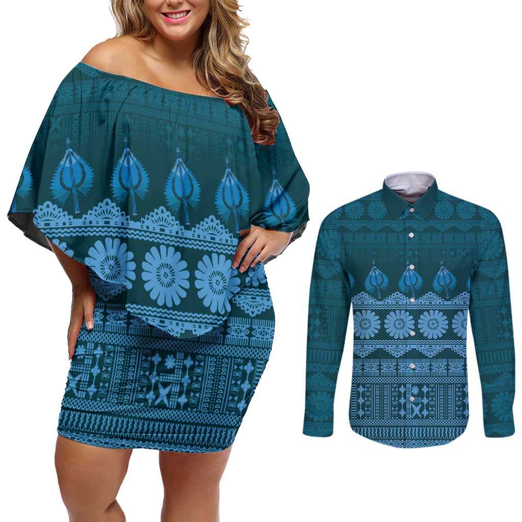 Bula Fiji Iri ni Meke Couples Matching Off Shoulder Short Dress and Long Sleeve Button Shirt Karakarawa Fijian Masi LT14 Blue - Polynesian Pride