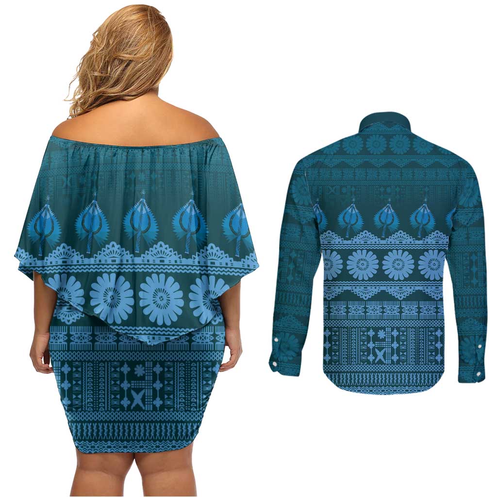 Bula Fiji Iri ni Meke Couples Matching Off Shoulder Short Dress and Long Sleeve Button Shirt Karakarawa Fijian Masi LT14 - Polynesian Pride