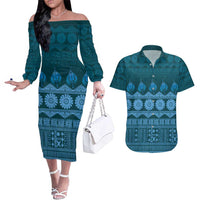 Bula Fiji Iri ni Meke Couples Matching Off The Shoulder Long Sleeve Dress and Hawaiian Shirt Karakarawa Fijian Masi LT14 Blue - Polynesian Pride