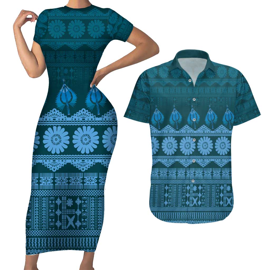 Bula Fiji Iri ni Meke Couples Matching Short Sleeve Bodycon Dress and Hawaiian Shirt Karakarawa Fijian Masi LT14 Blue - Polynesian Pride