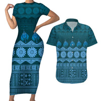 Bula Fiji Iri ni Meke Couples Matching Short Sleeve Bodycon Dress and Hawaiian Shirt Karakarawa Fijian Masi LT14 Blue - Polynesian Pride