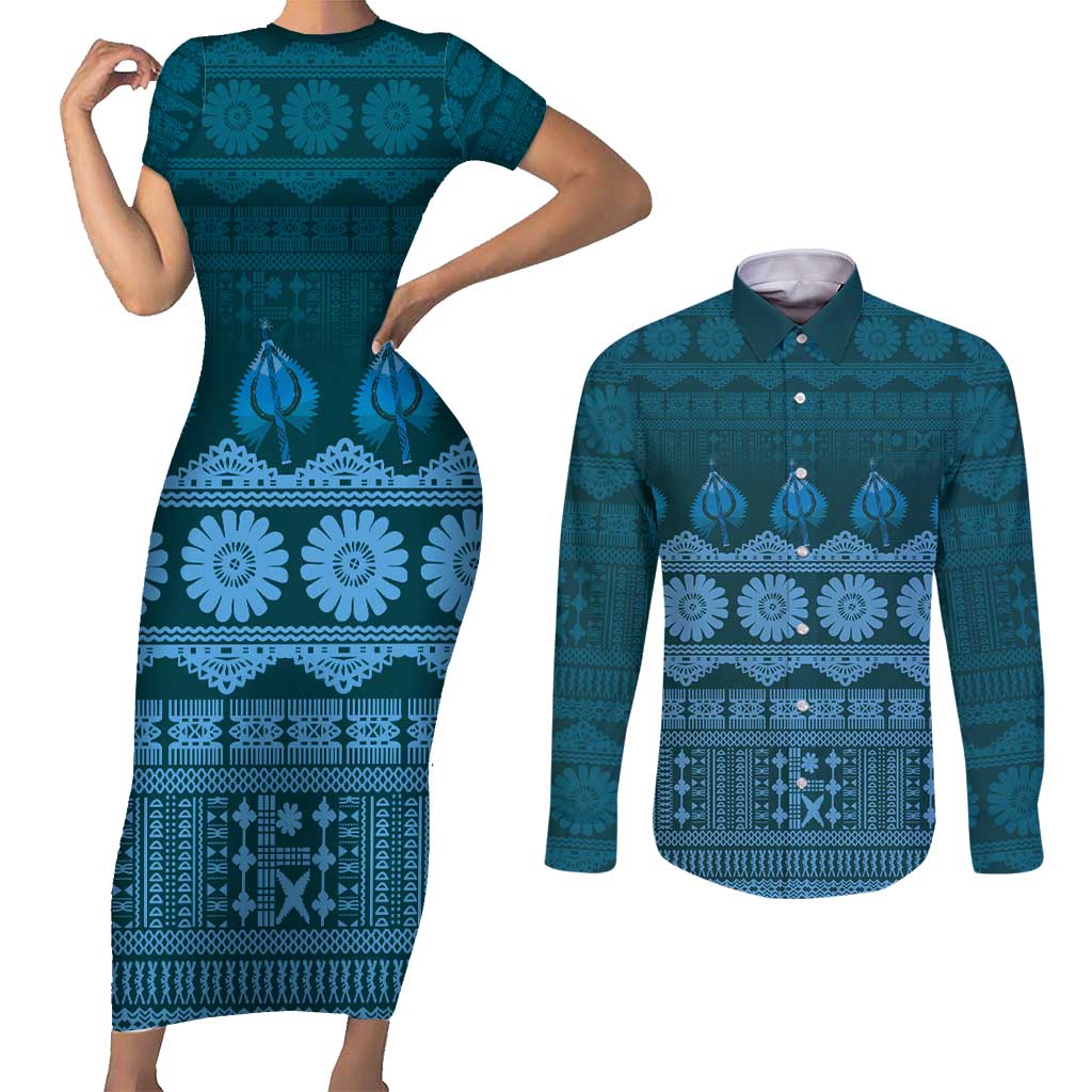 Bula Fiji Iri ni Meke Couples Matching Short Sleeve Bodycon Dress and Long Sleeve Button Shirt Karakarawa Fijian Masi LT14 Blue - Polynesian Pride