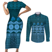 Bula Fiji Iri ni Meke Couples Matching Short Sleeve Bodycon Dress and Long Sleeve Button Shirt Karakarawa Fijian Masi LT14 Blue - Polynesian Pride