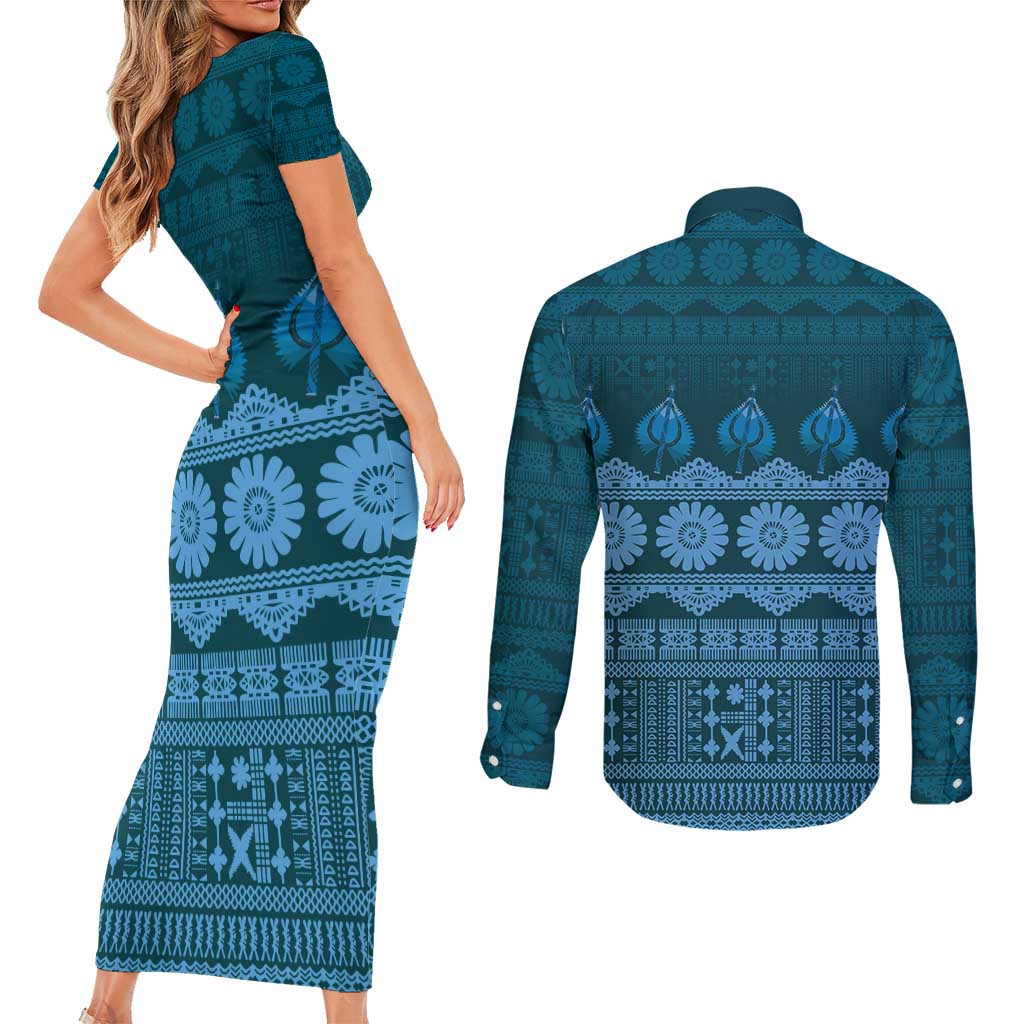 Bula Fiji Iri ni Meke Couples Matching Short Sleeve Bodycon Dress and Long Sleeve Button Shirt Karakarawa Fijian Masi LT14 - Polynesian Pride