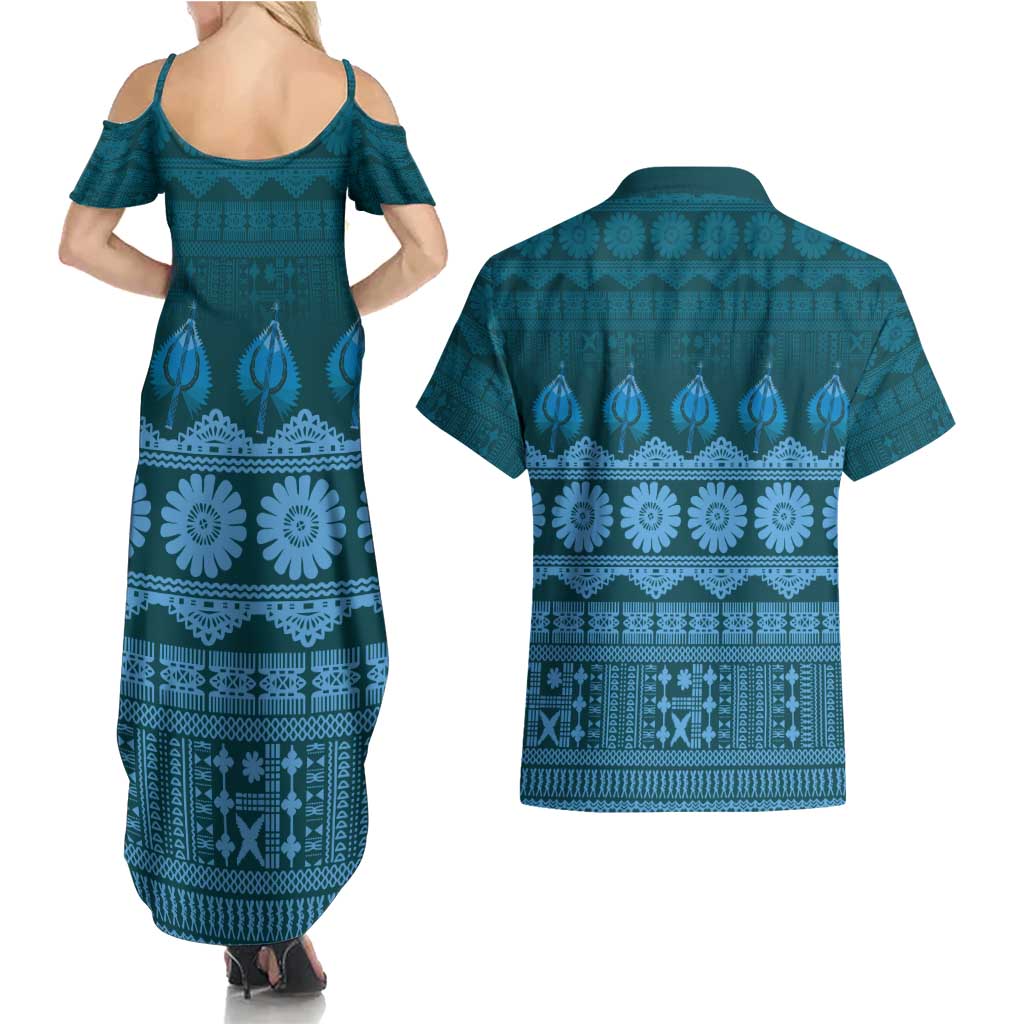 Bula Fiji Iri ni Meke Couples Matching Summer Maxi Dress and Hawaiian Shirt Karakarawa Fijian Masi LT14 - Polynesian Pride