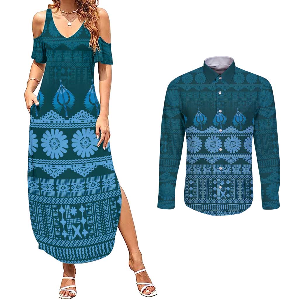 Bula Fiji Iri ni Meke Couples Matching Summer Maxi Dress and Long Sleeve Button Shirt Karakarawa Fijian Masi LT14 Blue - Polynesian Pride