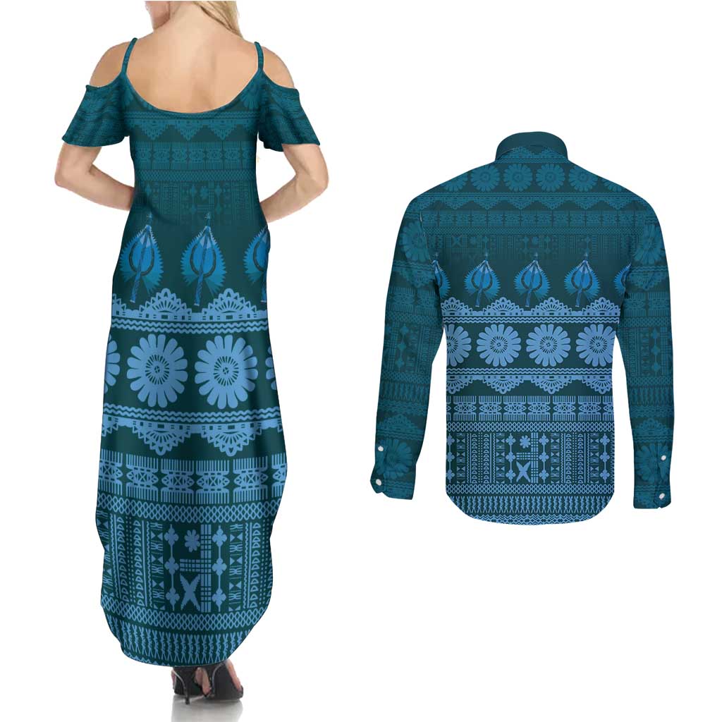 Bula Fiji Iri ni Meke Couples Matching Summer Maxi Dress and Long Sleeve Button Shirt Karakarawa Fijian Masi LT14 - Polynesian Pride